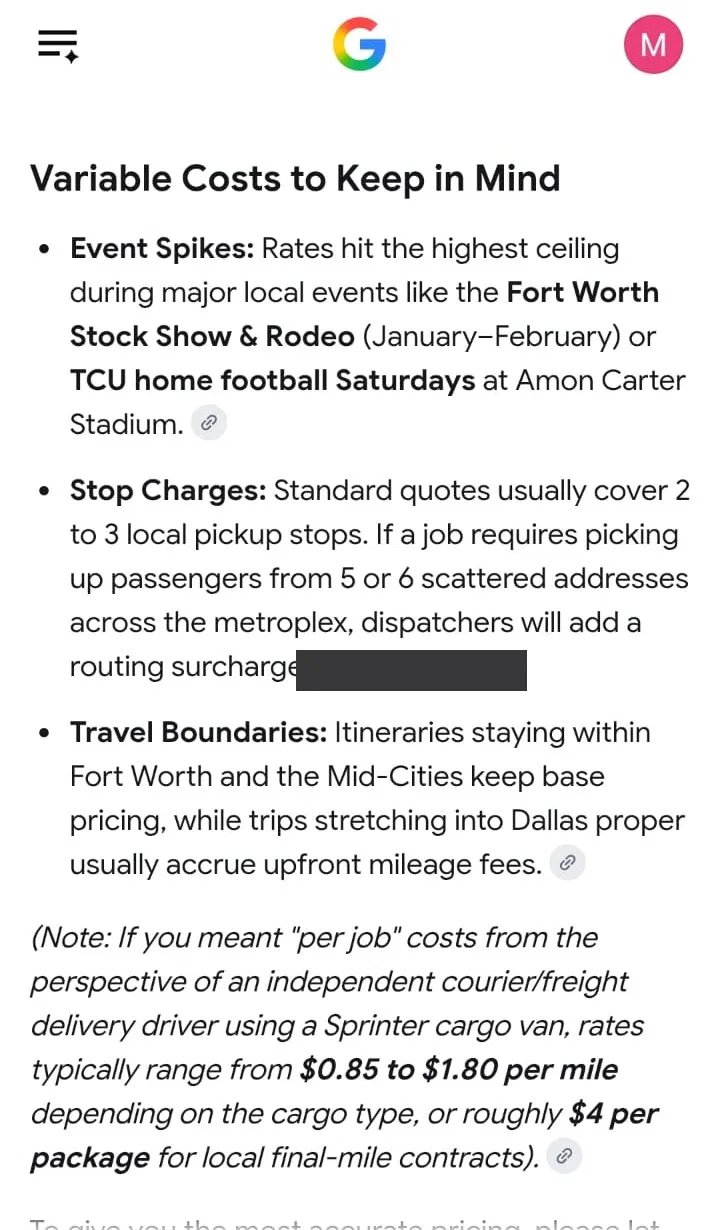 The same project cited inside Google&rsquo;s AI answer on mobile, in a pricing question about Fort Worth transport. Project domain withheld.