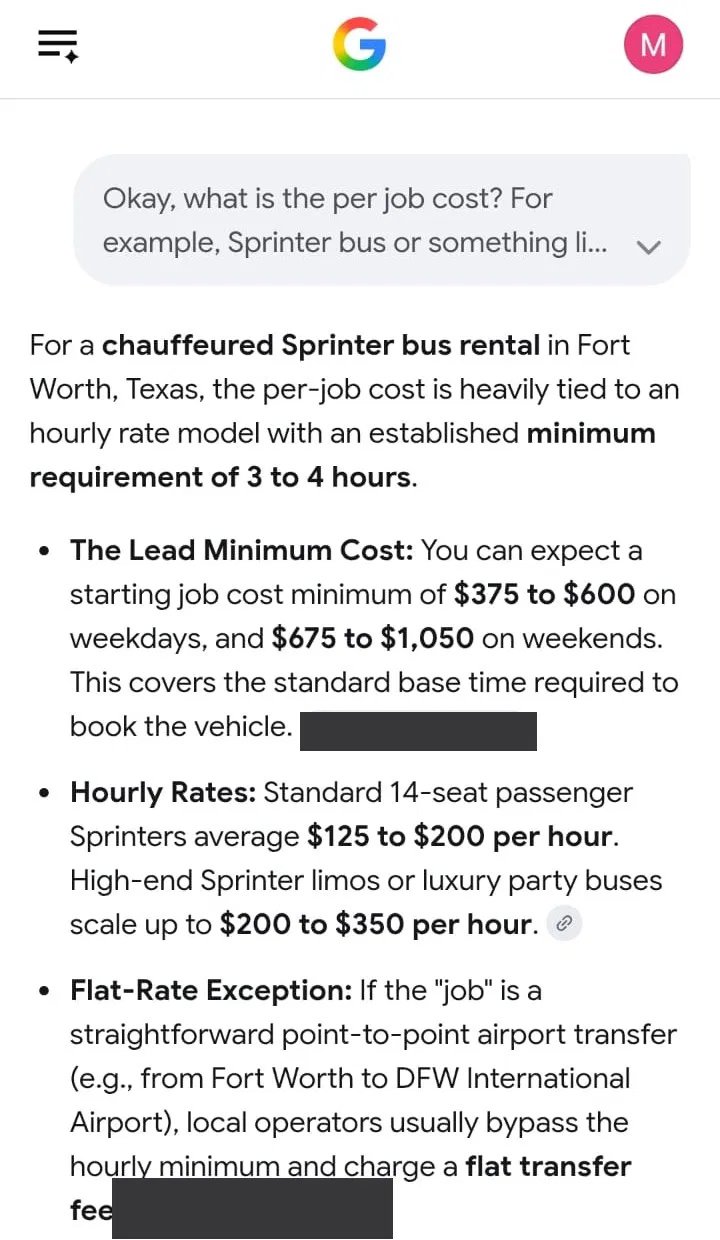 A second AI answer citing the project twice as a source for per-job and hourly pricing. Project domain withheld.
