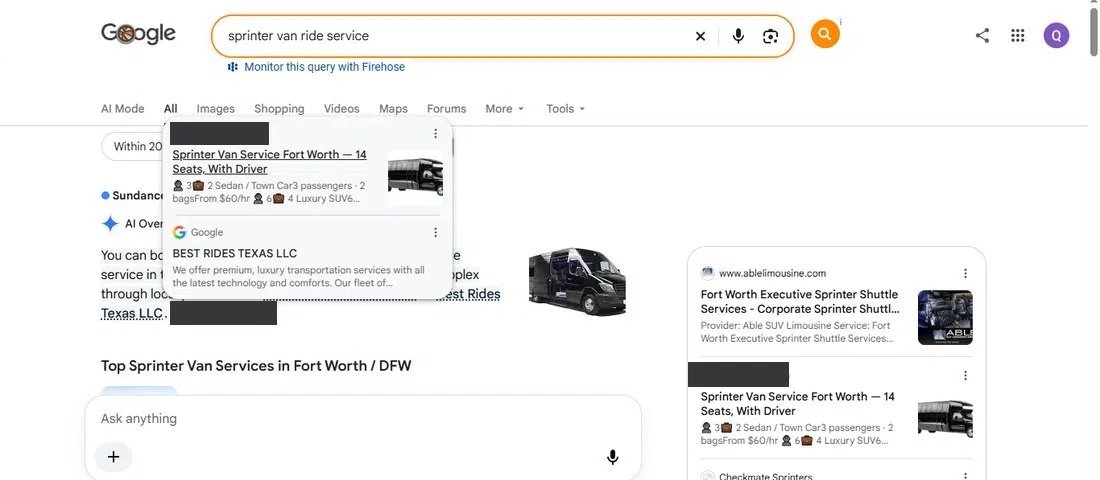 The project site cited as a source inside Google&rsquo;s AI Overview for a Fort Worth sprinter-van search. Project domain withheld.